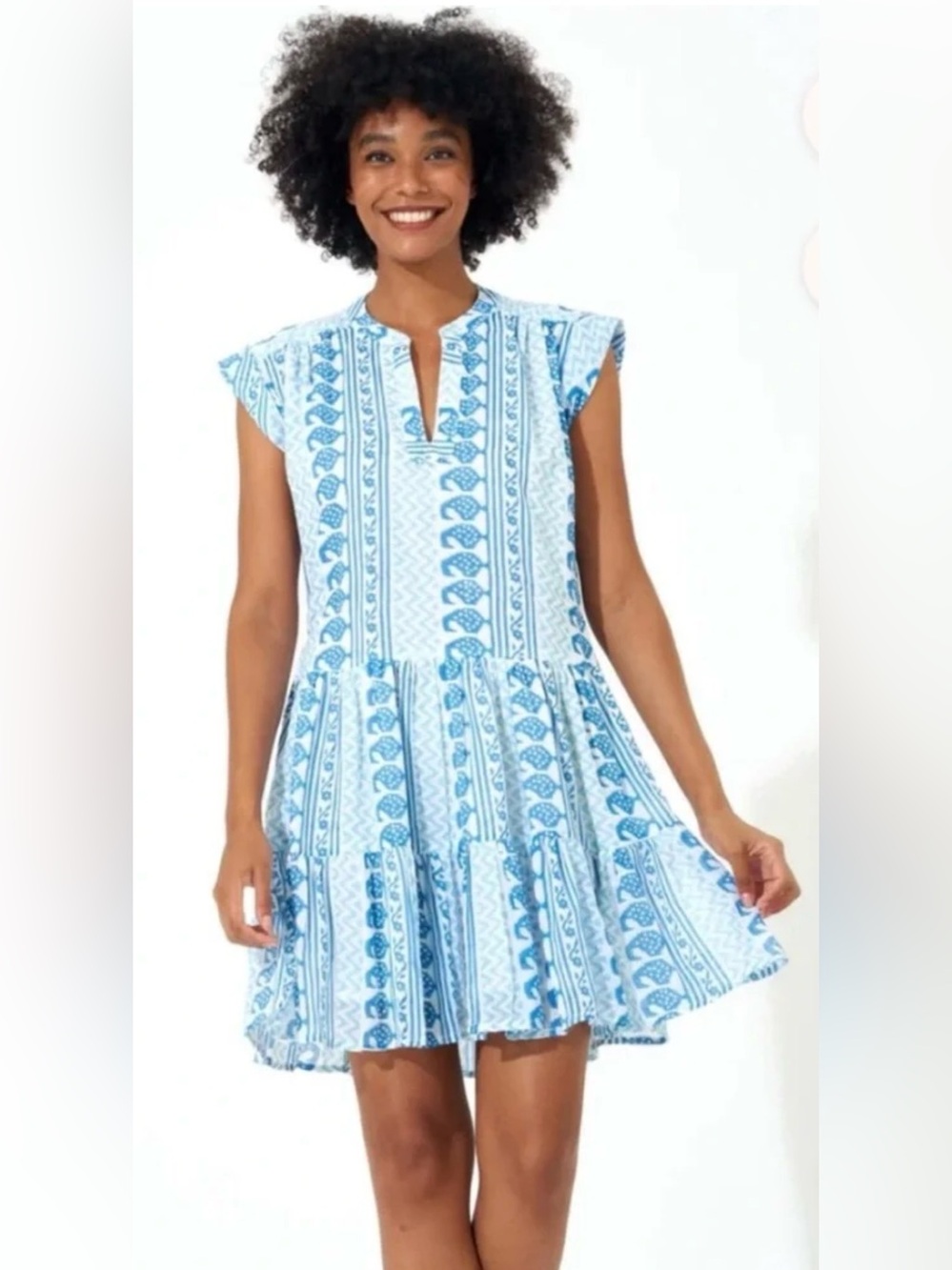 Oliphant Blue Babylon Yoke Dress Flirty Flare Cotton Tuckernuck Roll Sleeve Sz S